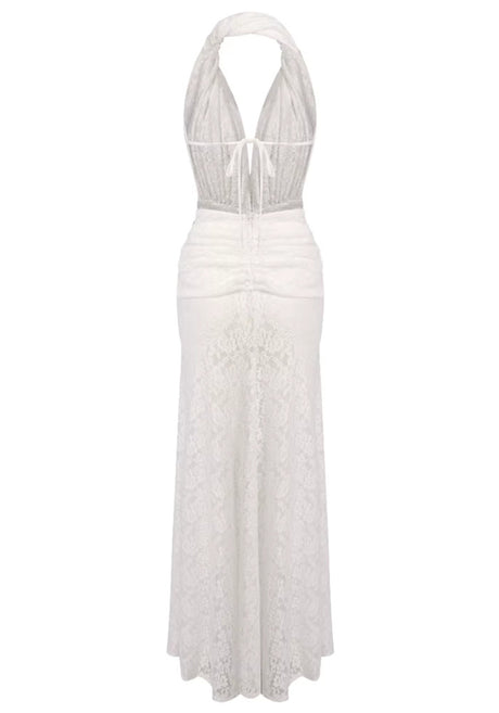 Halter Draped Crochet Maxi Dress White