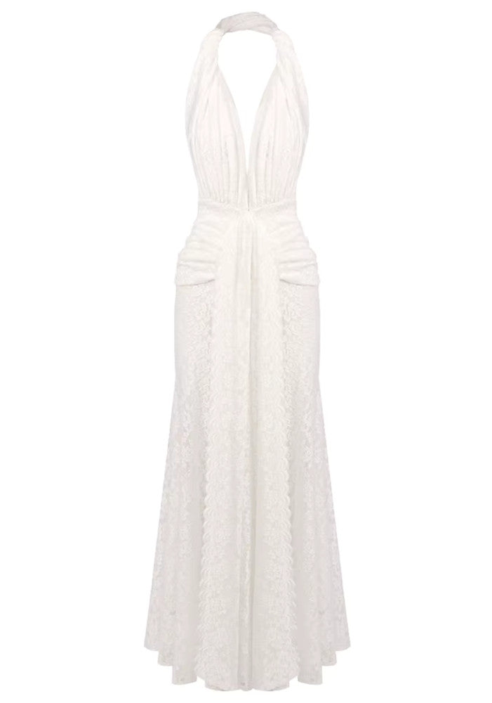 Halter Draped Crochet Maxi Dress White