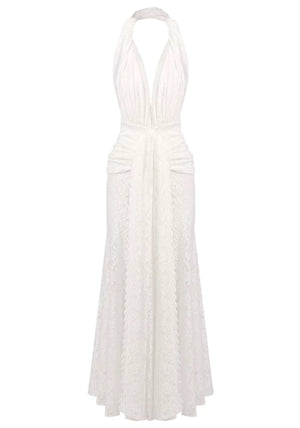 Halter Draped Crochet Maxi Dress White