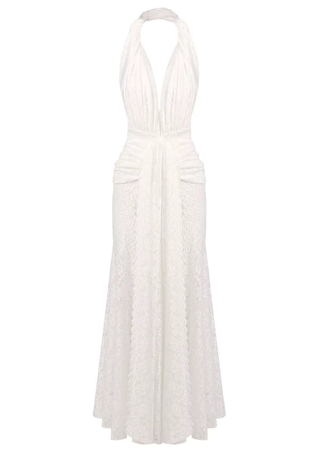 Halter Draped Crochet Maxi Dress White