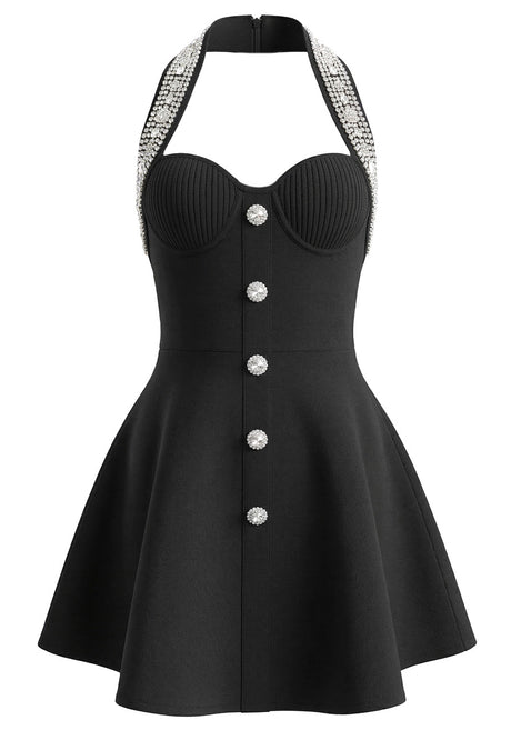 Halter Crystal A Line Dress Black