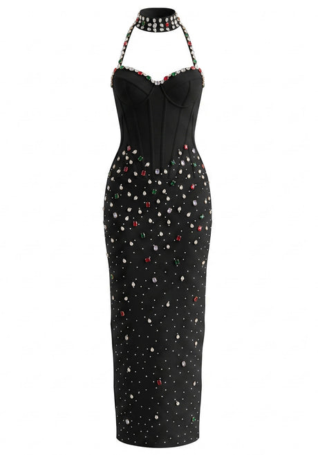 Halter Crystal Structured Bustier Maxi Dress Black