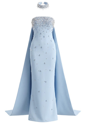 Strapless Crystal Cape Maxi Dress Blue