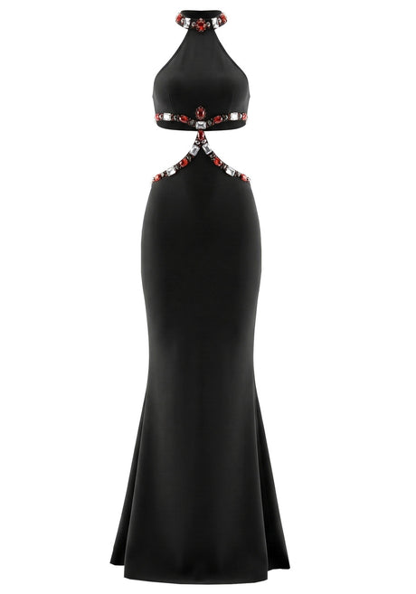 Halter Crystal Cut Out Detail Maxi Dress Black