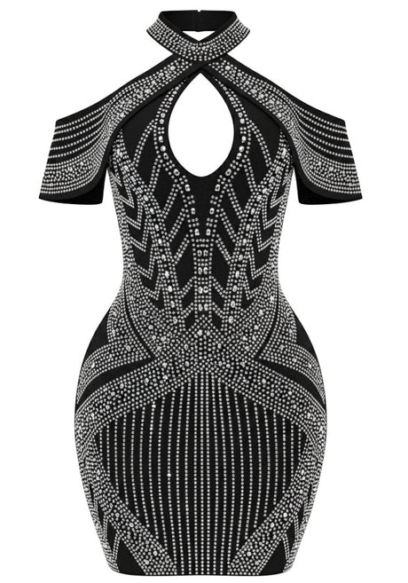 Halter Crystal Embellished Dress Black