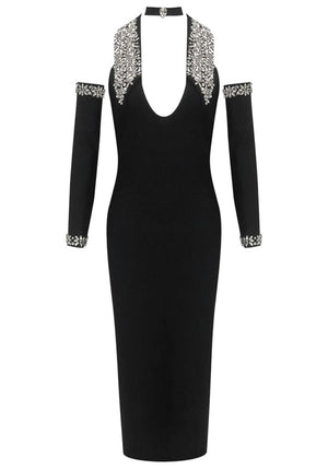 Halter Crystal Sleeves Midi Dress Black