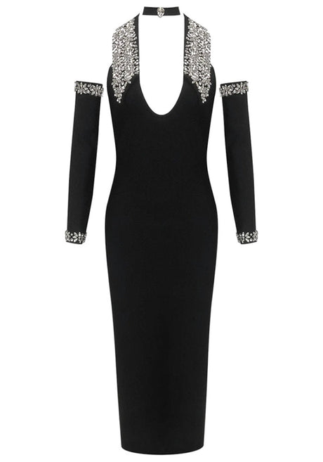 Halter Crystal Sleeves Midi Dress Black