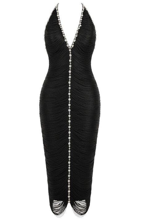 Halter Crystal Tassel Midi Dress Black