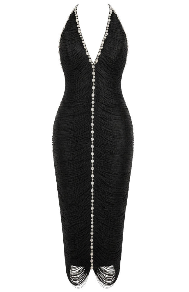 Halter Crystal Tassel Midi Dress Black