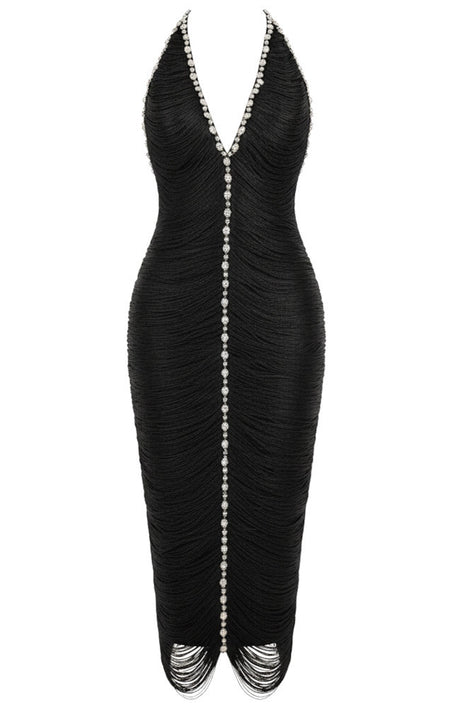 Halter Crystal Tassel Midi Dress Black