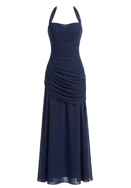 Halter Draped Corset Maxi Dress Navy Blue