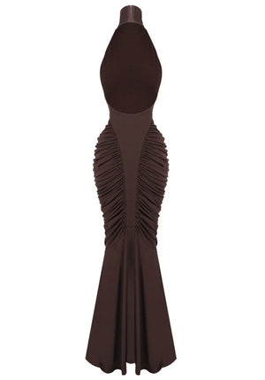 Halter Draped Backless Maxi Dress Brown