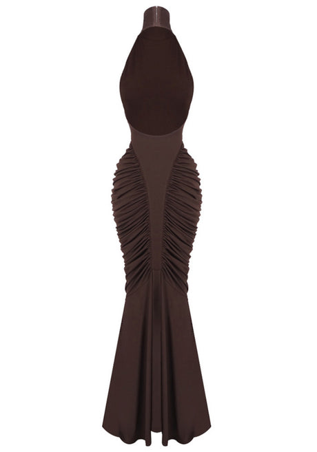 Halter Draped Backless Maxi Dress Brown
