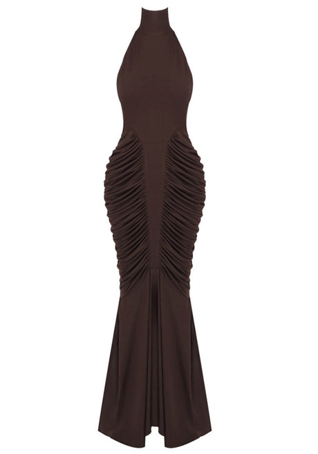 Halter Draped Backless Maxi Dress Brown