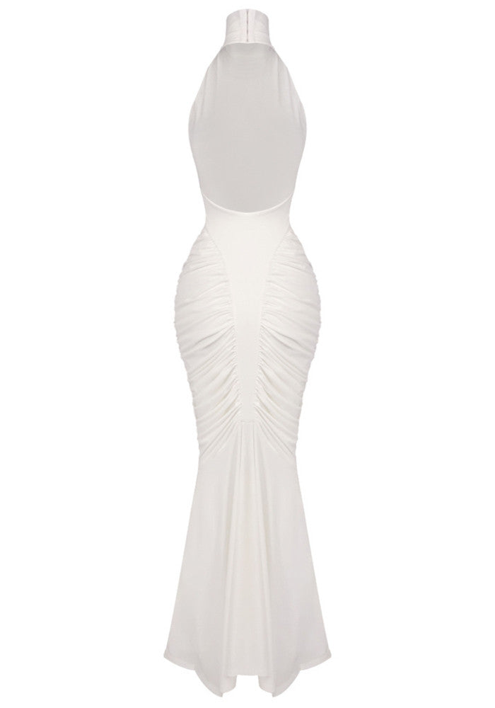 Halter Draped Backless Maxi Dress White