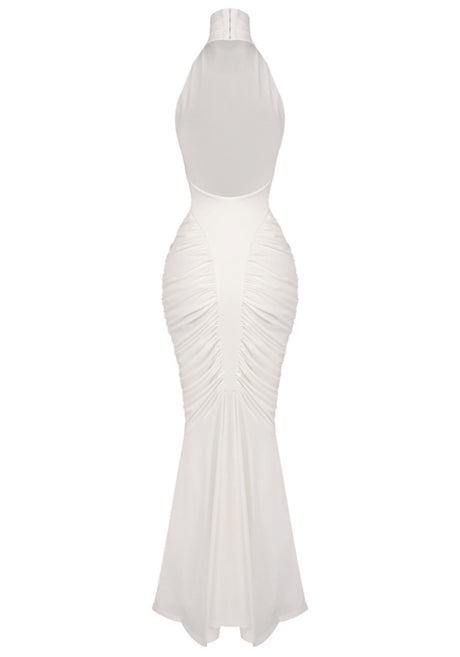 Halter Draped Backless Maxi Dress White
