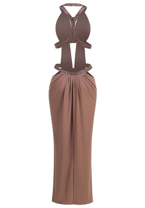 Halter Draped Cut Out Maxi Dress Brown