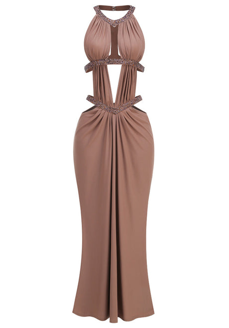 Halter Draped Cut Out Maxi Dress Brown