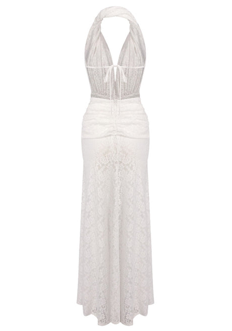 Halter Draped Lace Maxi Dress White