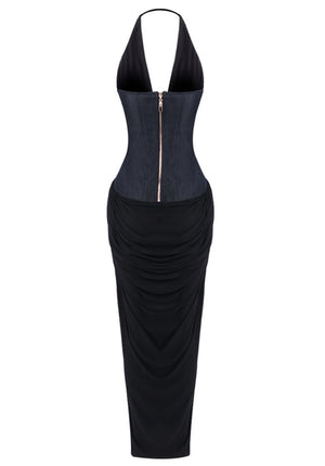 Halter Denim Insert Maxi Dress Black
