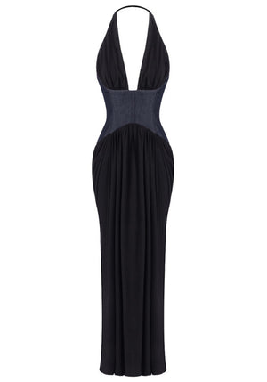 Halter Denim Insert Maxi Dress Black
