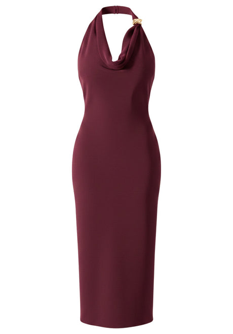 Halter Draped Design Midi Dress Burgundy