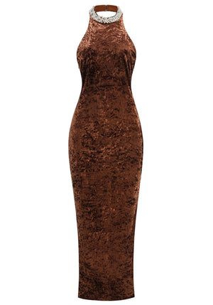 Halter Pearl Embellished Maxi Velvet Dress Brown