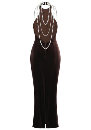 Halter Pearl Embellished Maxi Velvet Dress Dark Brown