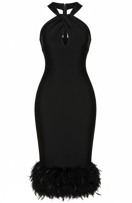 Halter Feather Detail Midi Dress Black