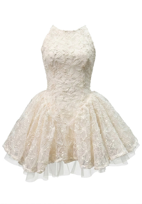 Halter Floral A Line Dress Ivory
