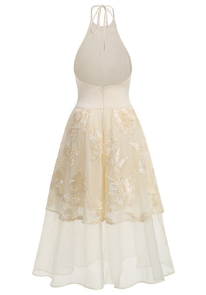 Halter Floral A Line Midi Dress Ivory