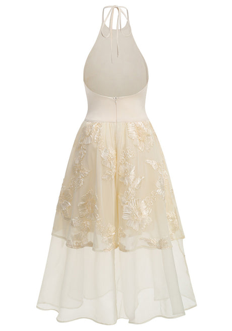 Halter Floral A Line Midi Dress Ivory