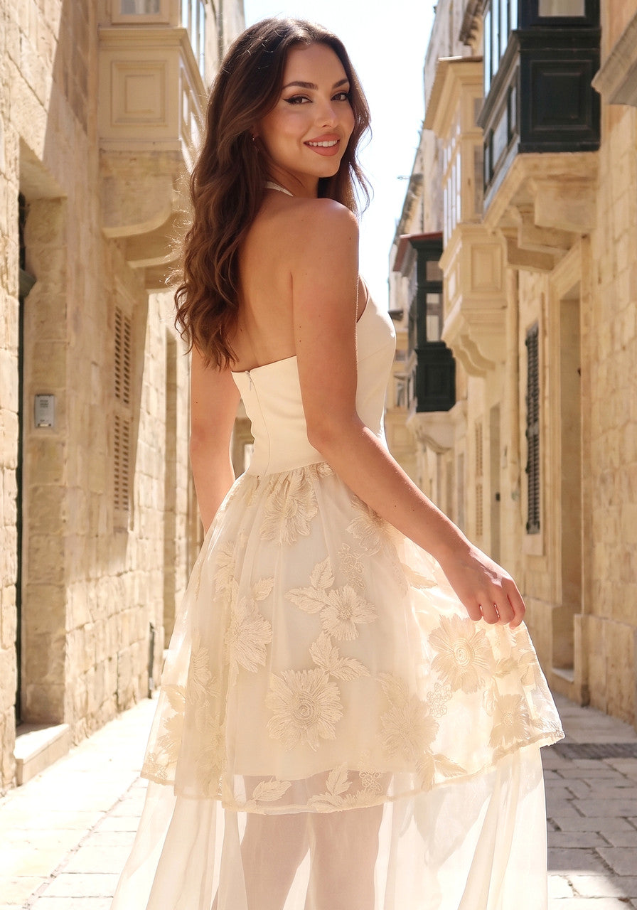 Halter Floral A Line Midi Dress Ivory
