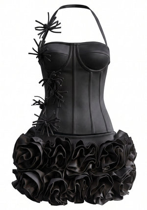 Halter Floral Detail Corset Two Piece Dress Black