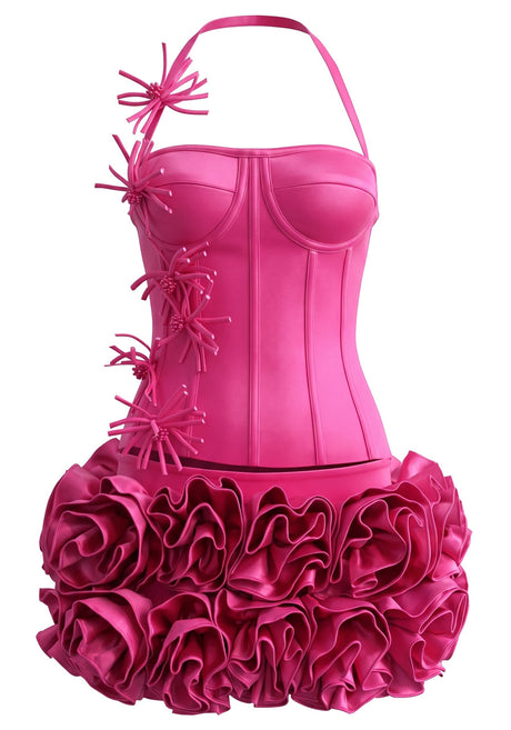 Halter Floral Detail Corset Two Piece Dress Hot Pink
