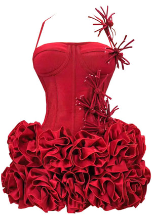 Halter Floral Corset Ruffle Dress Red