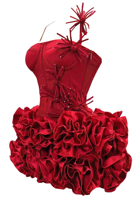 Halter Floral Corset Ruffle Dress Red