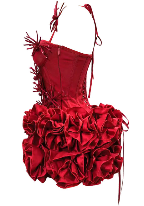 Halter Floral Corset Ruffle Dress Red