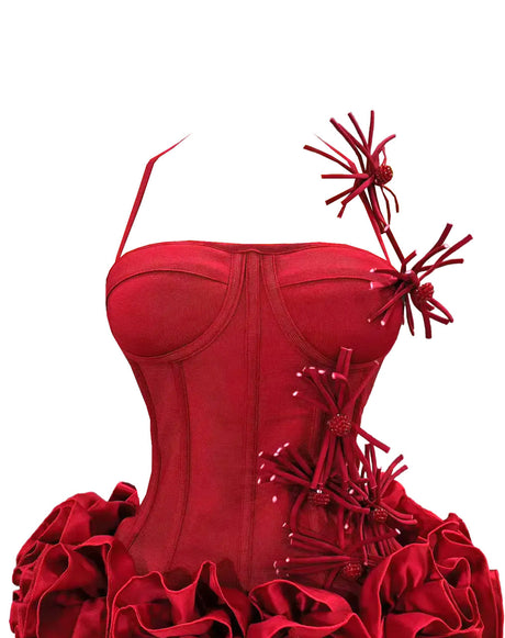Halter Floral Corset Ruffle Dress Red