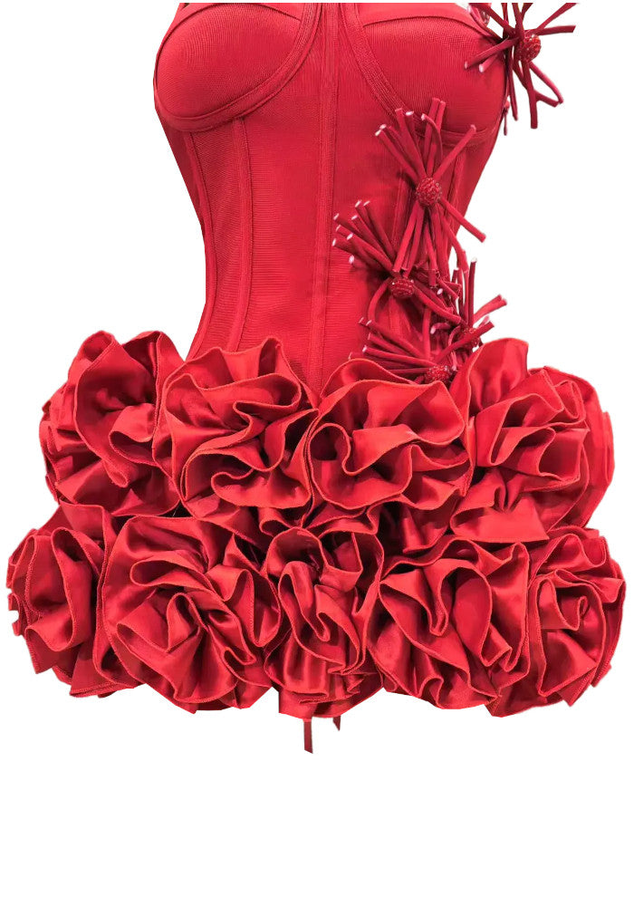 Halter Floral Corset Ruffle Dress Red