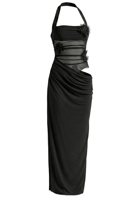 Halter Floral Mesh Maxi Dress Black