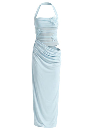 Halter Floral Mesh Maxi Dress Blue