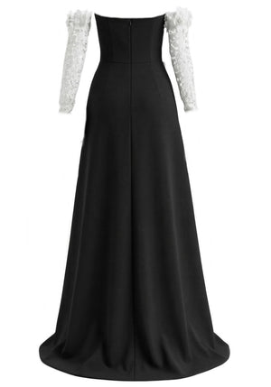 Halter Floral Pleated A Line Maxi Dress Black White