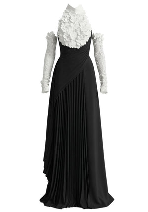 Halter Floral Pleated A Line Maxi Dress Black White
