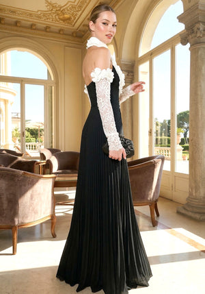 Halter Floral Pleated A Line Maxi Dress Black White