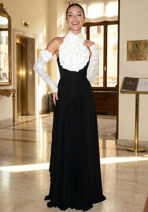 Halter Floral Pleated A Line Maxi Dress Black White