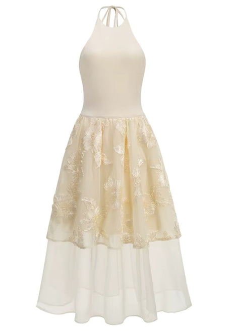Halter Floral Ruffle Midi Dress Ivory