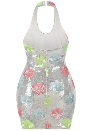 Halter Floral Sequin Dress Silver