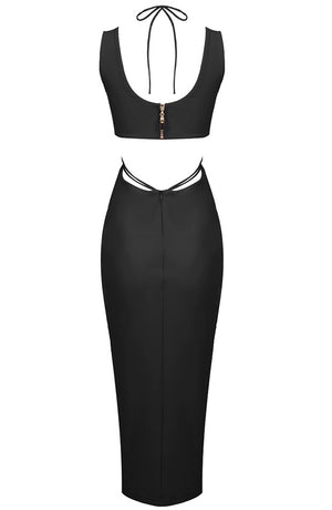 Halter Flower Detail Midi Dress Black