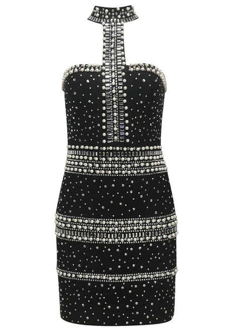 Halter Pearl Crystal Dress Black